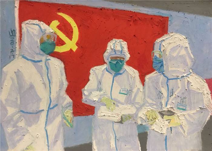 （禹文俊，顺德区实验中学教师，油画棒创作，第一幅《旗与医》，第二幅《众志成城》，抗击新冠，最需要的两股力量，旗帜的领导，医者的仁心，中国一定会胜利.jpg